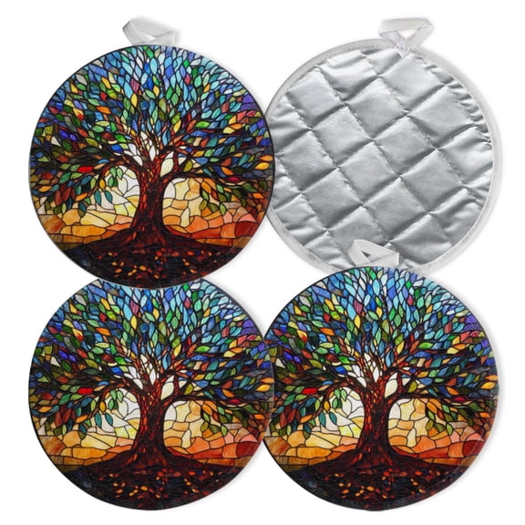 4 PCS Pot Holders for Kitchen,Potholders Sets with Hook for Oven,Cooking,Baking,Stained Glass Featuring The Tree Of Life