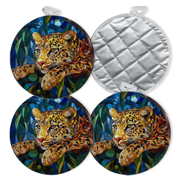 4 PCS Pot Holders for Kitchen,Potholders Sets with Hook for Oven,Cooking,Baking,Stained - Glass Jaguar In Mysterious Jungle