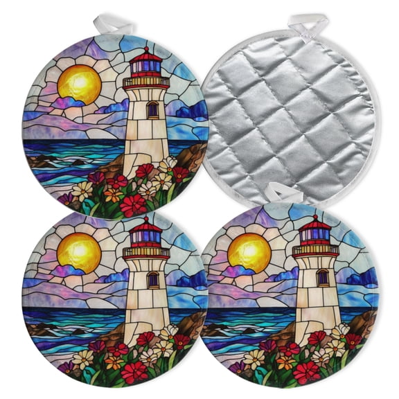 4 PCS Pot Holders for Kitchen,Potholders Sets with Hook for Oven,Cooking,Baking,Stained Glass Lighthouse Clipart