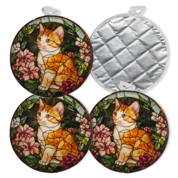 4 PCS Pot Holders for Kitchen,Potholders Sets with Hook for Oven,Cooking,Baking,Stained Glass Of An Orange Kitten Surrounded By Flowers