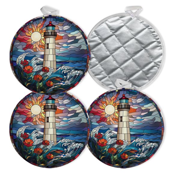 4 PCS Pot Holders for Kitchen,Potholders Sets with Hook for Oven,Cooking,Baking,Stained Glass Of Lighthouse Clipart