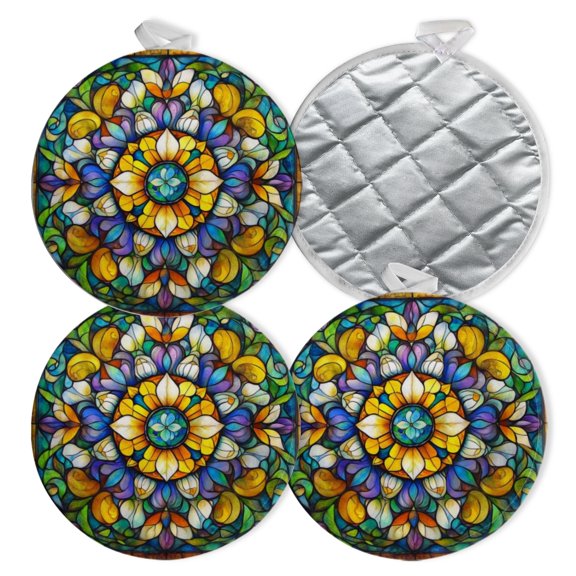 4 PCS Pot Holders for Kitchen,Potholders Sets with Hook for Oven,Cooking,Baking,Stained - Glass Pattern Of Intertwined Flowers