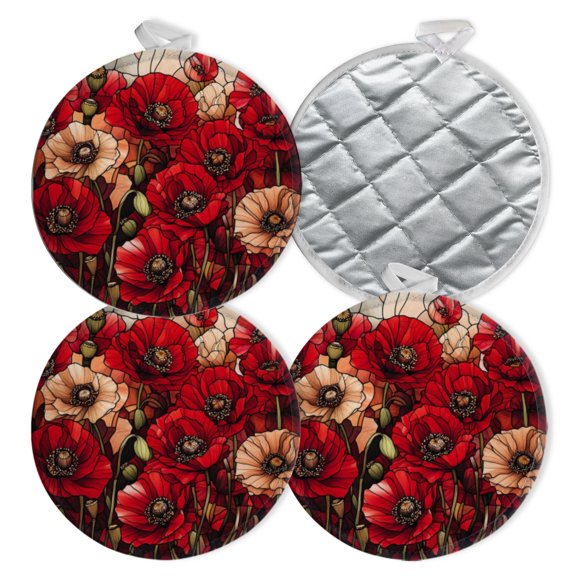 4 PCS Pot Holders for Kitchen,Potholders Sets with Hook for Oven,Cooking,Baking,Stained - Glass Poppies