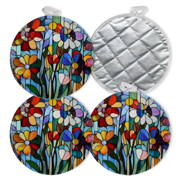 4 PCS Pot Holders for Kitchen,Potholders Sets with Hook for Oven,Cooking,Baking,Stained - Glass Style Flower Composition