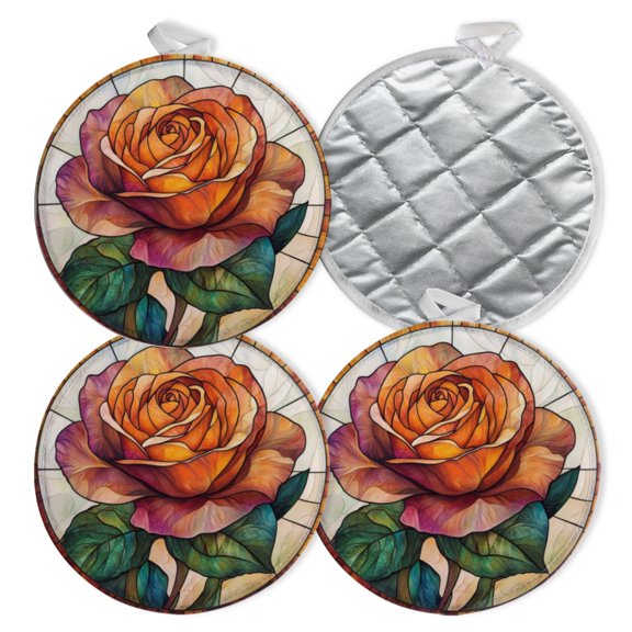 4 PCS Pot Holders for Kitchen,Potholders Sets with Hook for Oven,Cooking,Baking,Stained Glass-Style Of Rose Flower
