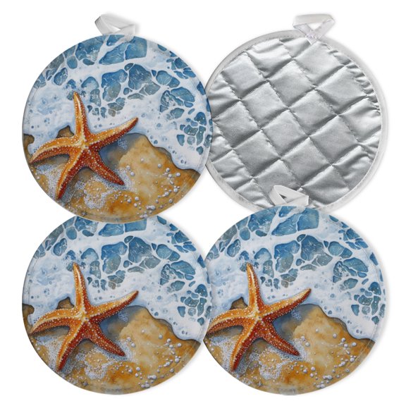 4 PCS Pot Holders for Kitchen,Potholders Sets with Hook for Oven,Cooking,Baking,Starfish On Sandy Beach With Foamy Waves In Watercolor