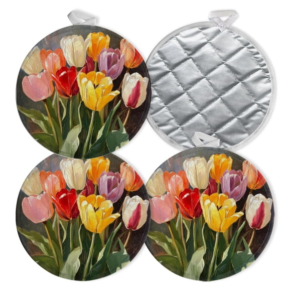 4 PCS Pot Holders for Kitchen,Potholders Sets with Hook for Oven,Cooking,Baking,Traditional Painting Of Traditional Dutch Tulips