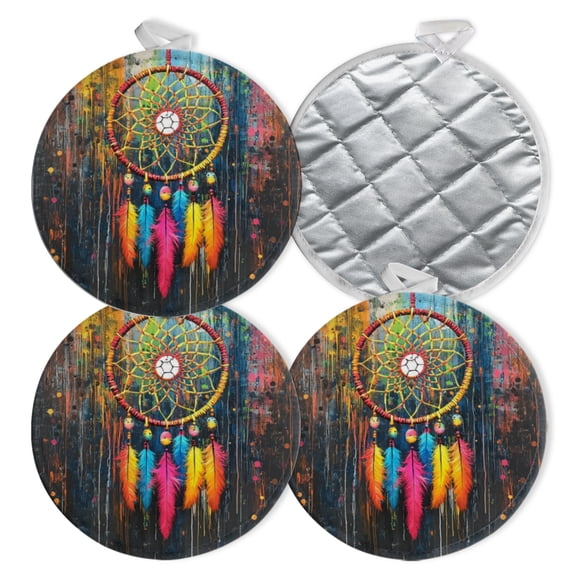 4 PCS Pot Holders for Kitchen,Potholders Sets with Hook for Oven,Cooking,Baking,Vibrant Dreamcatcher With Feathers And Beads