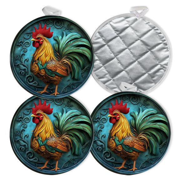 4 PCS Pot Holders for Kitchen,Potholders Sets with Hook for Oven,Cooking,Baking,Vibrant Rooster With Feathers Shimmering In Shades Of Blue