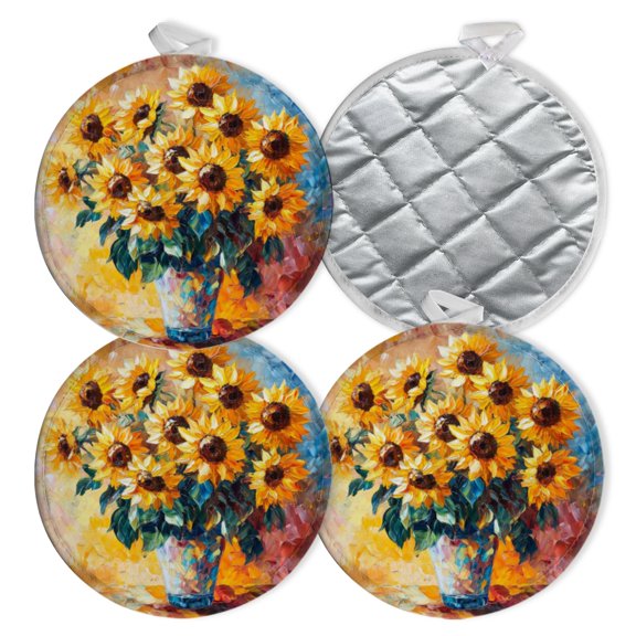 4 PCS Pot Holders for Kitchen,Potholders Sets with Hook for Oven,Cooking,Baking,Vibrant Sunflowers In Transparent Vase