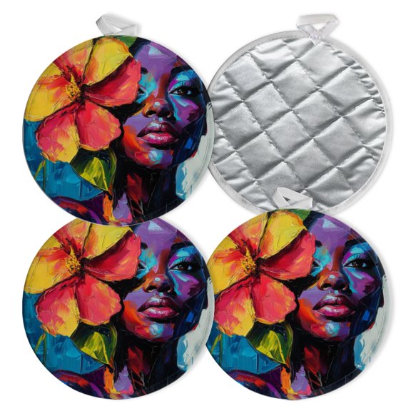 4 PCS Pot Holders for Kitchen,Potholders Sets with Hook for Oven,Cooking,Baking,Vibrant Woman With Flower