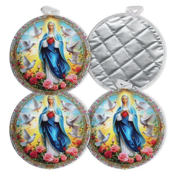 4 PCS Pot Holders for Kitchen,Potholders Sets with Hook for Oven,Cooking,Baking,Virgin Mary With Doves