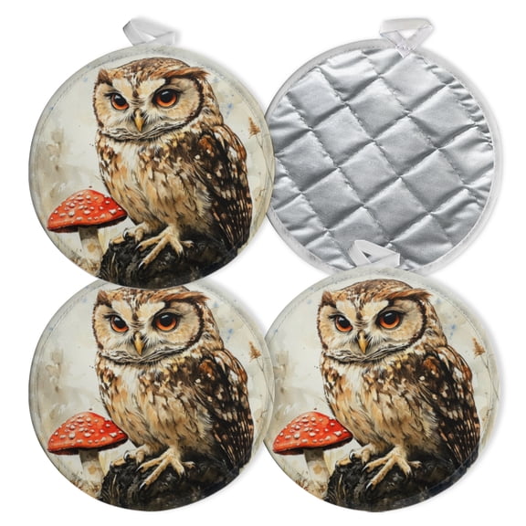 4 PCS Pot Holders for Kitchen,Potholders Sets with Hook for Oven,Cooking,Baking,Watercolor Owl Beside Vibrant Red Mushroom