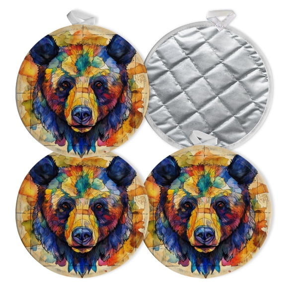 4 PCS Pot Holders for Kitchen,Potholders Sets with Hook for Oven,Cooking,Baking,Watercolor - Style Geometric Bear Head