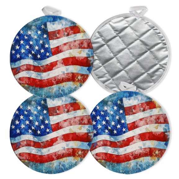 4 PCS Pot Holders for Kitchen,Potholders Sets with Hook for Oven,Cooking,Baking,Wavy American Flag In Watercolor Strokes