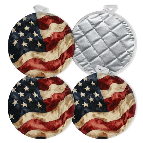 4 PCS Pot Holders for Kitchen,Potholders Sets with Hook for Oven,Cooking,Baking,Weathered American Flag In Wavy Motif