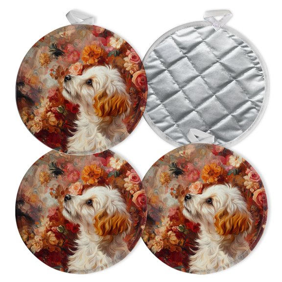 4 PCS Pot Holders for Kitchen,Potholders Sets with Hook for Oven,Cooking,Baking,White Dog Looking Up Amidst A Floral Background