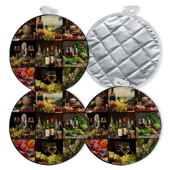 4 PCS Pot Holders for Kitchen,Potholders Sets with Hook for Oven,Cooking,Baking,Wine-Related Imagery Including Grapes And Wine Bottles