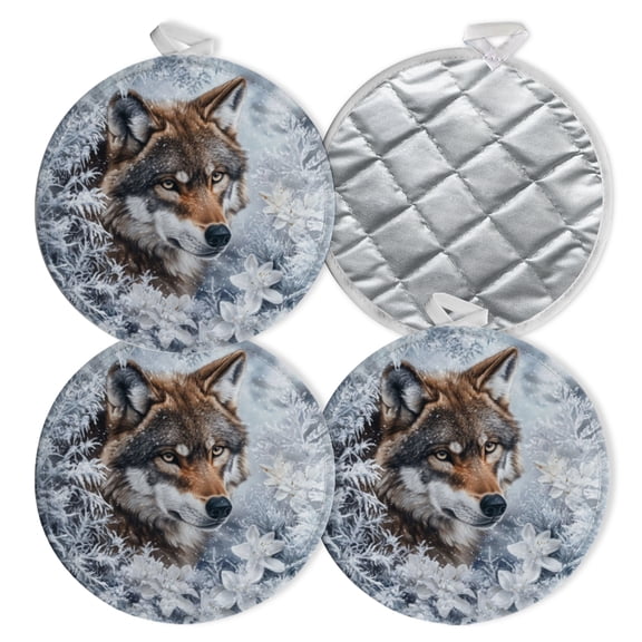 4 PCS Pot Holders for Kitchen,Potholders Sets with Hook for Oven,Cooking,Baking,Wolf In The Snow Surrounded By White Flowers