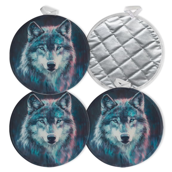 4 PCS Pot Holders for Kitchen,Potholders Sets with Hook for Oven,Cooking,Baking,Wolf With Piercing Blue Eyes