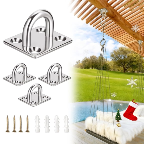 4 PCS Premium Heavy Duty Square Stainless Steel Ceiling Hooks, Ceiling Hooks Pad Eyes Plate Marine Hardware Hooks with Screws for Outdoor Indoor Activity