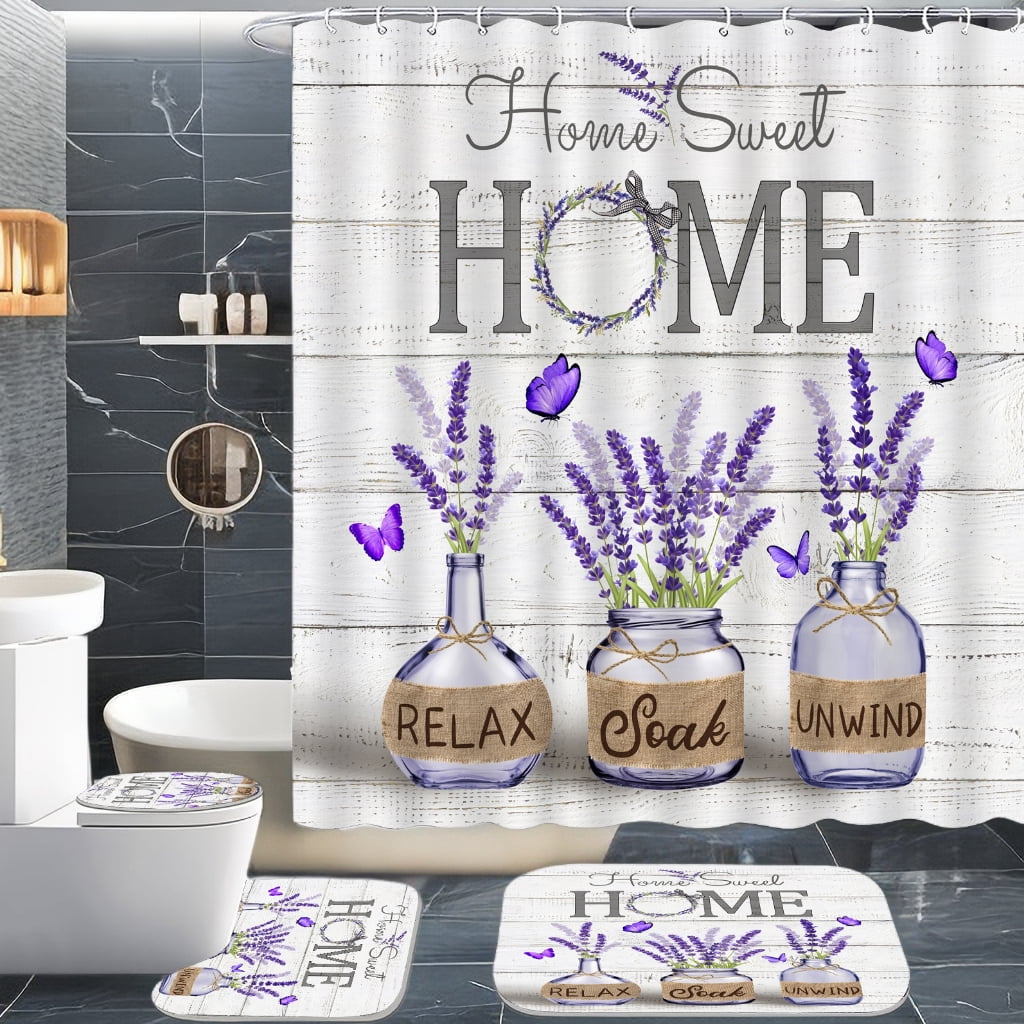 4 PCS Purple Lavender Shower Curtain Set, Home Sweet Bathroom Decor