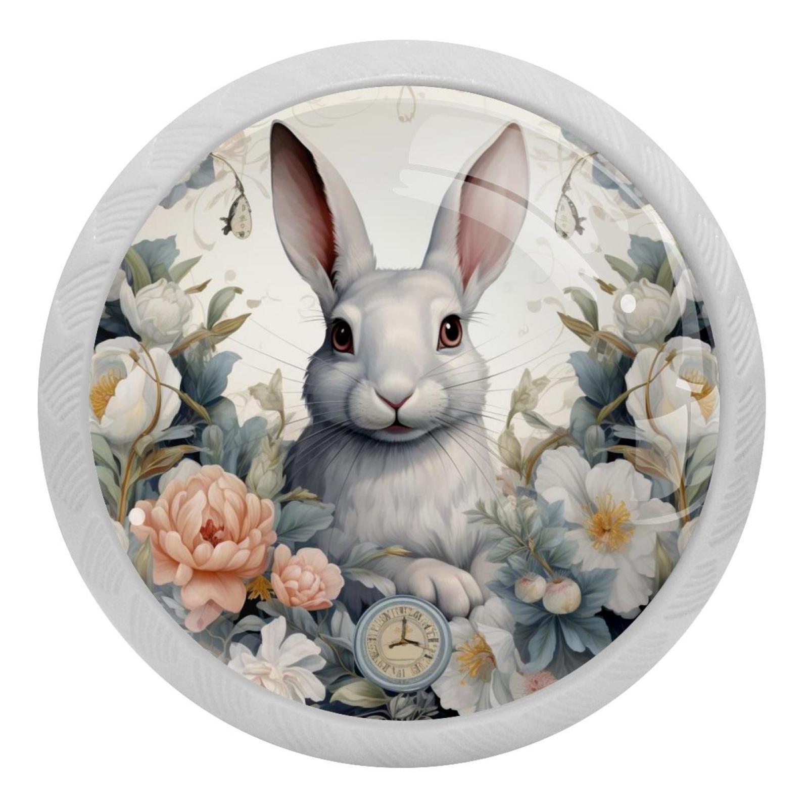 4 PCS Rabbit with Flowers Crystal Glass Round Cabinet Knob Drawer Pull ...
