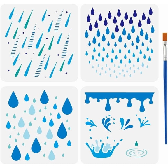 4 PCS Rainy Background Painting Stencil 5.9x5.9inch Raindrop Template with Paint Brush Plastic PET Spring Summer Rain Splash Template Spring Theme Stencil