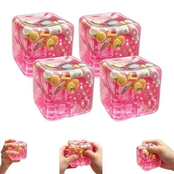 4 PCS Rare Clear Glitter Dumpling Squishies - Cube - Sparkling Stress Relief Collectible & Desktop Accessory for Adults(Pink)