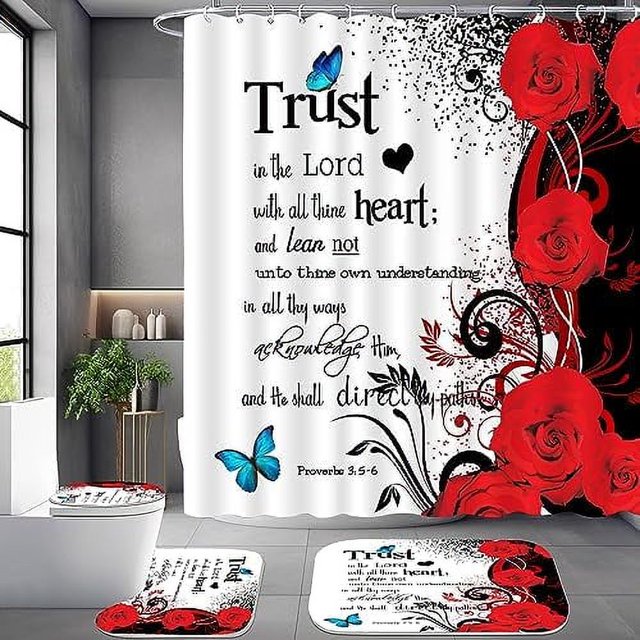 4 PCS Red Bible Verse Shower Curtain Sets Inspirational Quotes Bathroom