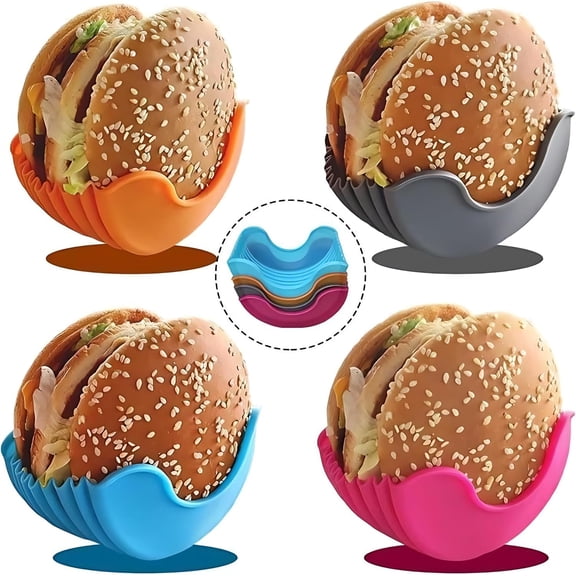 4 PCS Reusable Burger Holder ClipRetractable Burger Fixed Box, Touch-Free Burger Clip, Retractable Adjustable Sandwich/Hamburger Holders for Burger Lovers The Aged, Food Grade Silicone