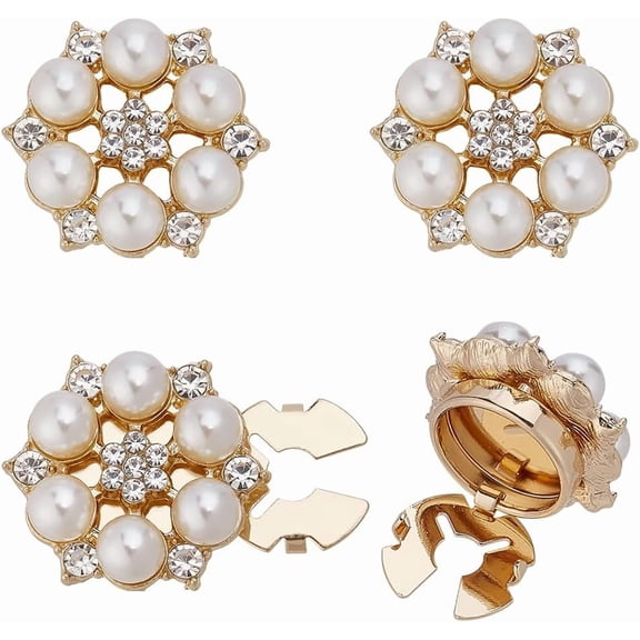 4 PCS Rhinestone Button Cover Light Gold Alloy Rhinestone Flower Shape Buckle with Plastic Pearls Reusable Flower Shape Button Cover for Wedding Garment Suits Decoration DIY Projects Light Gold