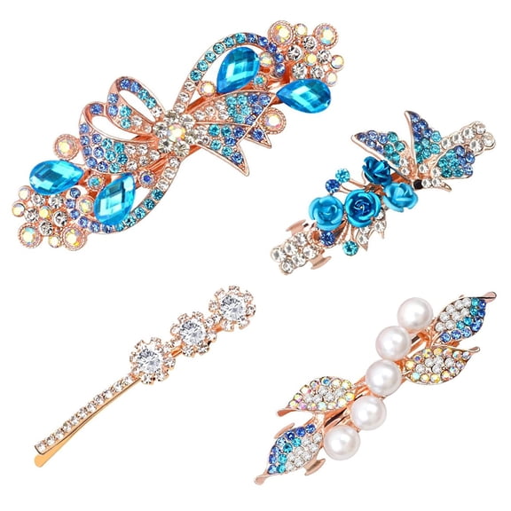 4 PCS Rhinestone Hair Barrettes for Women Ladies, Pearl Flower Butterfly Bows Crystal Spring French Hair Clips Diamond for Daily Wear Hair Styling Tool