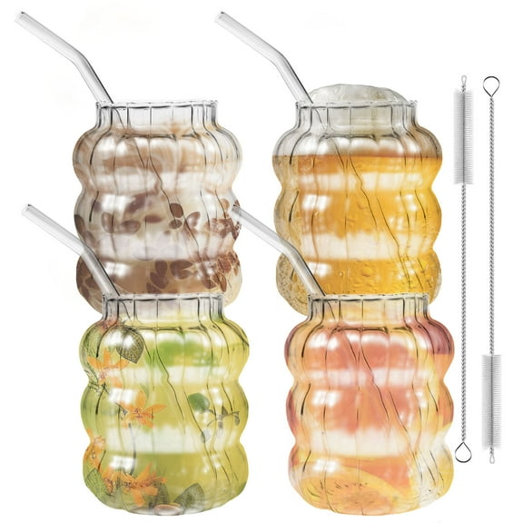 4 PCS Ribbed Aesthetic Glass Cups Kit Versatile Clear Vintage Glassware Cocktail Glasses Sturdy Vintage Glassware Iced Coffee Cups for Juice