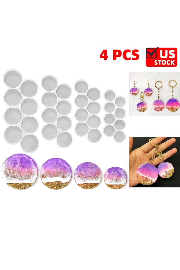 4 PCS Round Keychain Silicone Mold for Resin , 32-Cavity Set of 2'', 1.75'', 1.5'', 1.25'' Circle Grip Mold, Magnet Mold (No Hole)