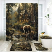 4 PCS Rustic Cabin Bear Shower Curtain Set with Rugs, Toilet Lid Cover ,Green Forest Wild Animal Stream Fall Hunting Woodland Farmhouse Wildflower Nature Landscape Bathroom Shower Curtain with Hooks