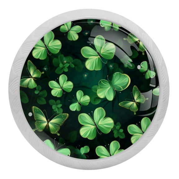 4 PCS Saint Patrick's Clover Butterfly Crystal Glass Round Cabinet Knob Drawer Pull Handle Glowing in The Dark for Kitchen, Cupboard, Dresser, Wardrobe, etc