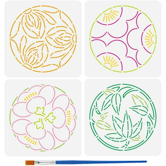 4 PCS Sashiko Embroidery Painting Stencil with Plastic Paint Brush 5.9x5.9inch Traditional Japanese Bamboo Plum Cherry Blossom Chrysanthemum Patterns Stencil for Painting on Wood Wall Colorful