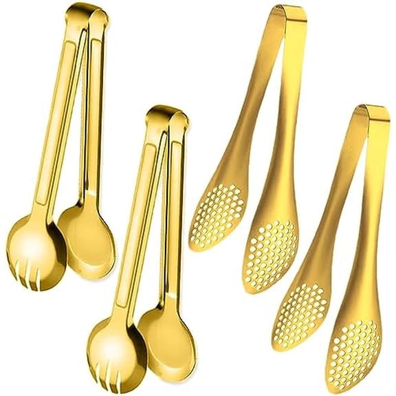 4 PCS Serving Tongs 9 Inch Buffet Tongs Stainless Steel Serving Utensils for Salad Buffet Appetizer Dessert Food Parties, Gold