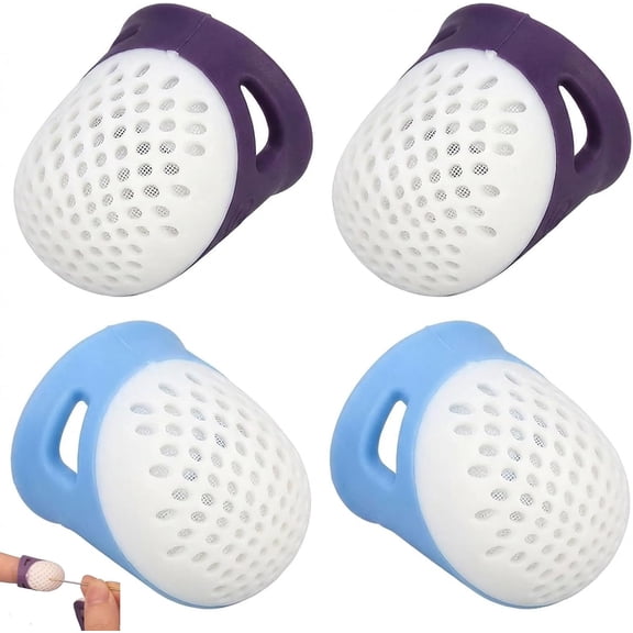 4 PCS Silicone Thimbles for Hand Sewing, Rubber Finger Thimbles in 2 Sizes, Silicone Thimble Finger Protectors for Quilting, Embroidery, Needlework & DIY Crafts (Blue & Purple)