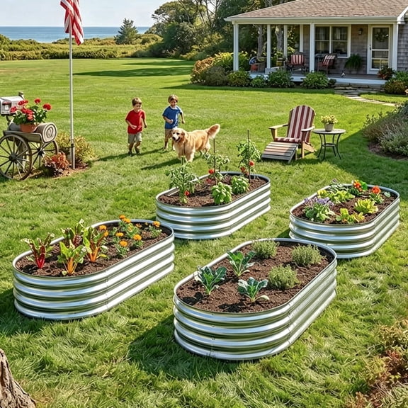 LIALEX 4 Pcs Silver Galvanized Raised Garden Bed 4 by 2 feet Oval Lightweight Metal Planter Boxes Outdoor with Easy Assembly, Rust Resistant