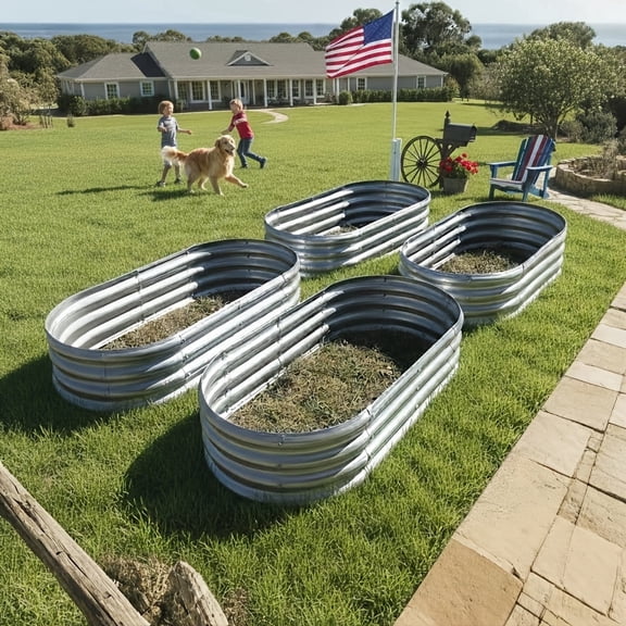 4 PCS Silver Galvanized Raised Garden Bed 4 by 2 Feet Oval Lightweight Metal Planter Boxes Outdoor with Easy Assembly, Rust Resistant