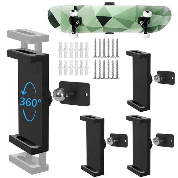 4 PCS Skateboard Wall Mount, 360° Swivel Skateboard Wall Hanger, Expandable Rotating Skateboard Rack with Screws, Vertical Horizontal Wall Holder for Skateboard & Skate Deck