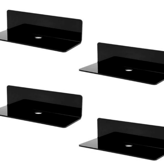 4 PCS Small Acrylic Floating Wall Shelves,9 Inch Adhesive Display Shelf for Nintendo Switch/Smart Speaker/Security Cameras/Action Figures,No Damage Expand Wall Space,Black