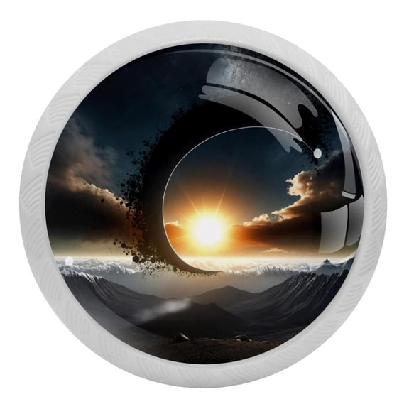 4 PCS Solar Eclipse over Mountain Crystal Glass Round Cabinet Knob Drawer Pull Handle Glowing in The Dark for Kitchen, Cupboard, Dresser, Wardrobe, etc