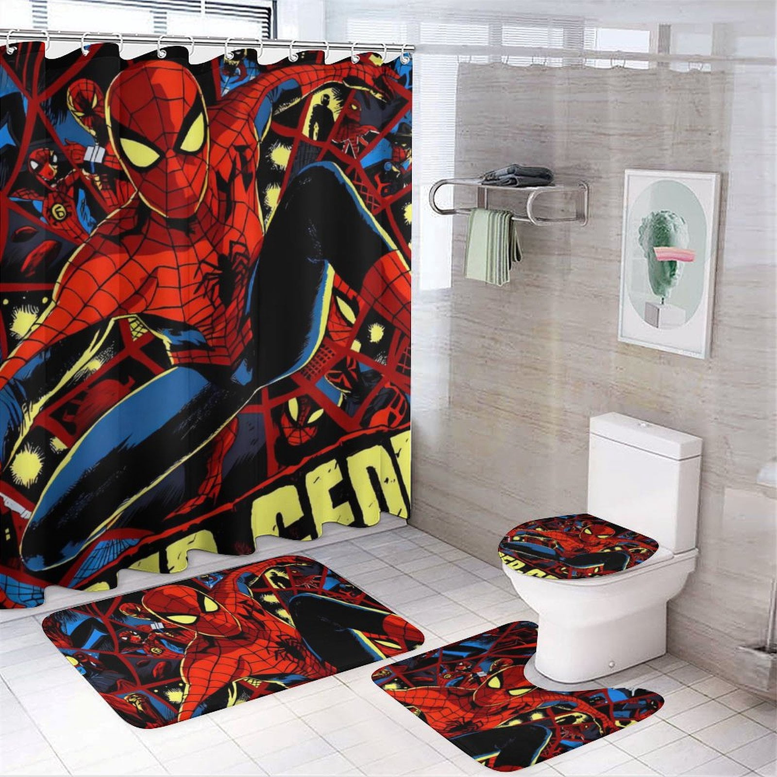 4 PCS Spider Man Bathroom Set with Shower Curtain Set with Rugs, Cute ...