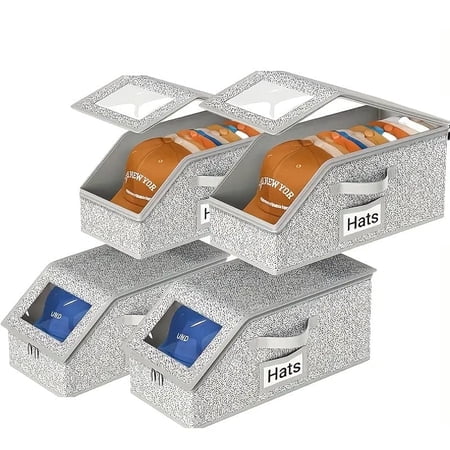 4 PCS Stackable Hat Storage for Baseball Caps, Hat Storage Boxes for Closet, Holds up to 12 Caps with Cardboard, Hat Organizer for Women & Men (Grey)