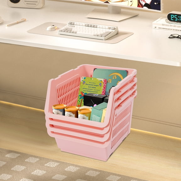 4 PCS Stacking Storage Baskets, Stackable Organizer Baskets, Stackable Storage Bins for Kitchen, Bathroom