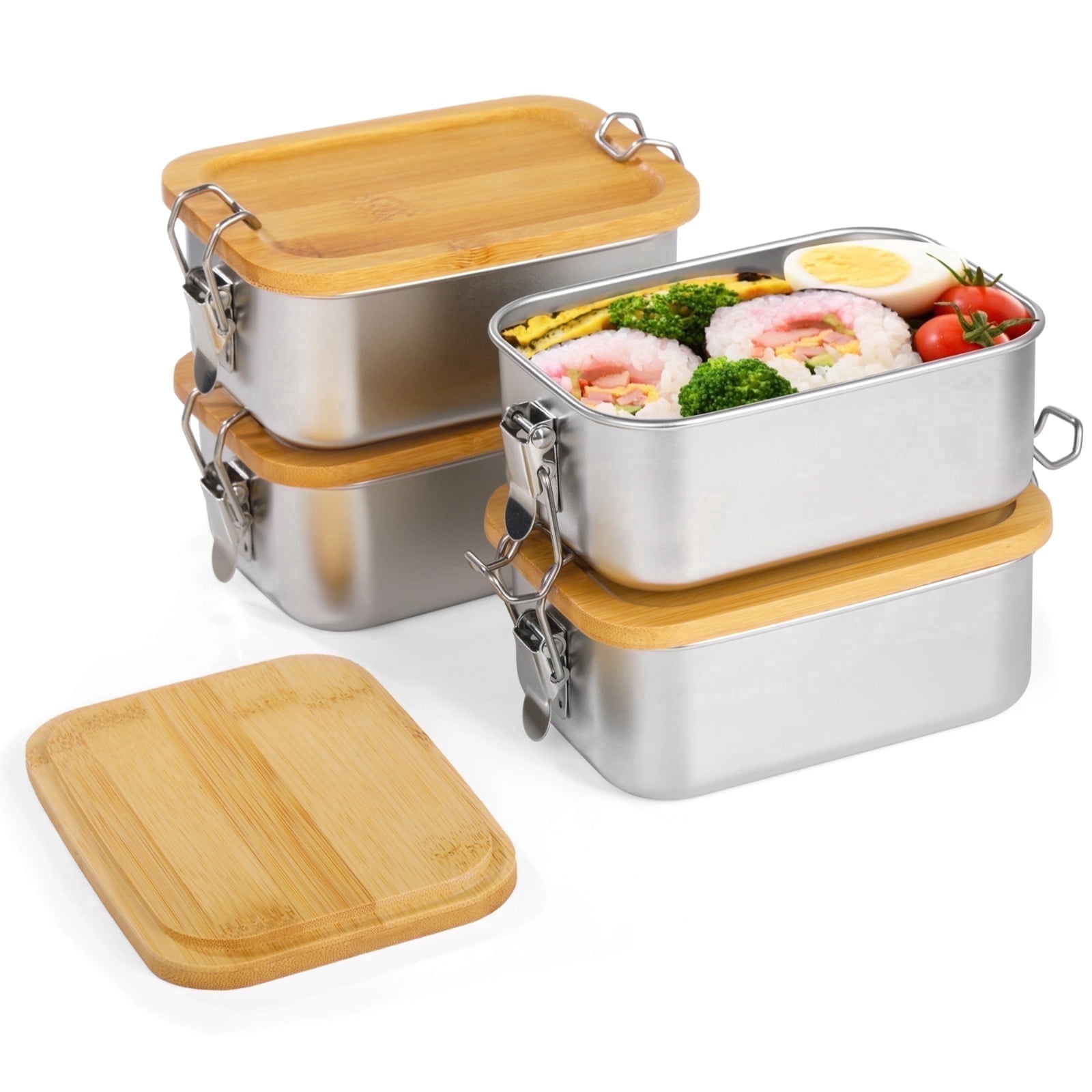 4 Pack 18.6oz Bento Box set with Wooden Lid - Stainless Steel Bento Boxes | Leak-Proof Metal Lunch Containers with Secure Buckles, Reusable for Picnics, Work & Meal Prep