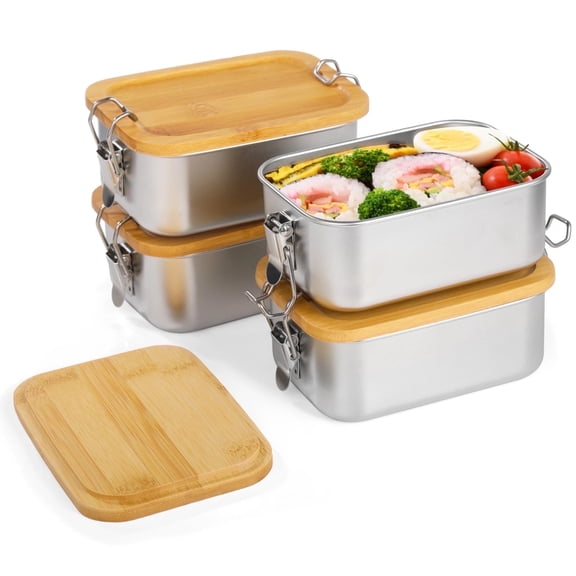 4 PCS Stainless Steel Bento Box with Wooden Lid, 550 ml Metal Lunch Containers for Office Picnics, Leak-Proof Buckles